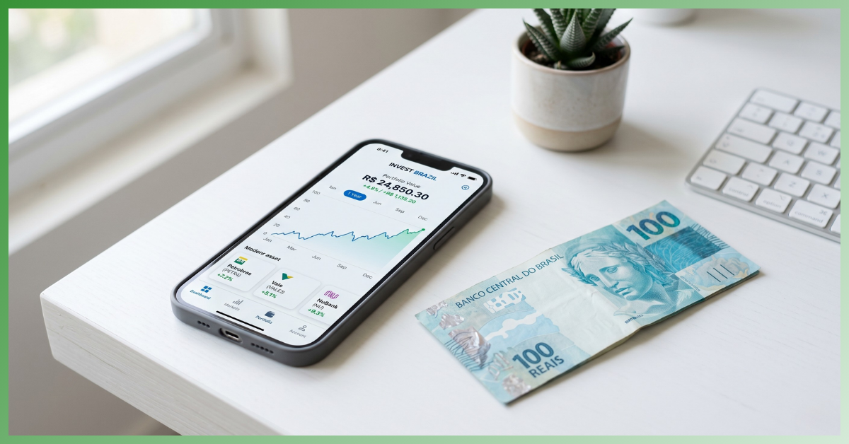 Smartphone mostrando gráfico de rendimentos financeiros ao lado de uma nota de 100 reais em uma mesa branca, ilustrando como investir 100 reais com segurança.