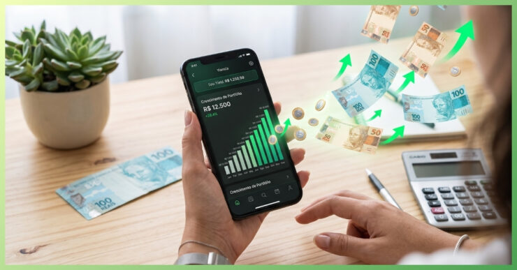 Foto conceitual mostrando uma mão segurando um smartphone com gráfico de rendimento ascendente, com símbolos de moedas de Real e notas flutuando para ilustrar o crescimento de um investimento no Tesouro Selic.