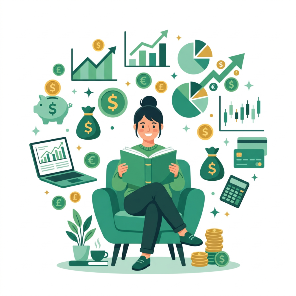 Ilustração de pessoa estudando finanças com gráficos e moedas ao redor.
