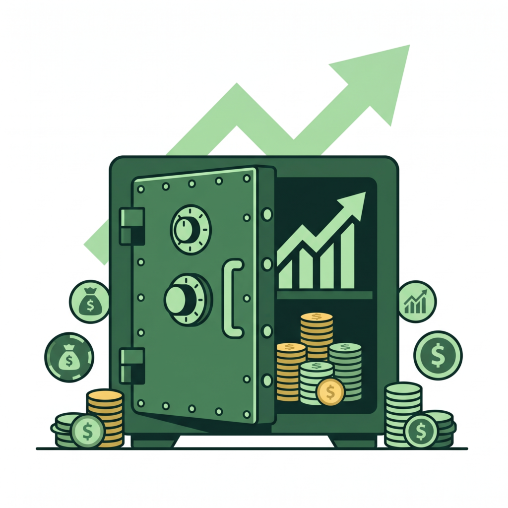 Ilustração de cofre com moedas e gráfico representando investimentos seguros em renda fixa