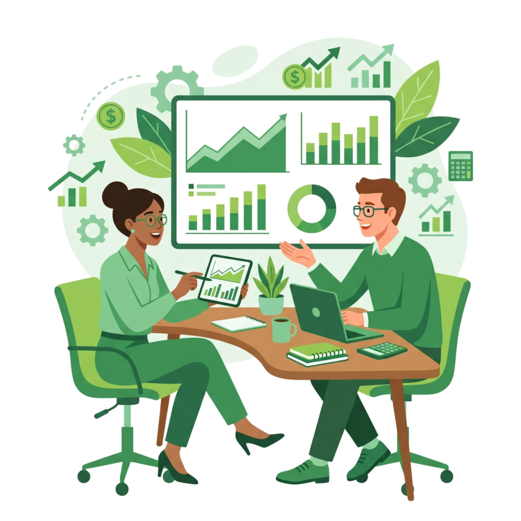 Ilustração de duas pessoas discutindo planejamento financeiro com gráficos.