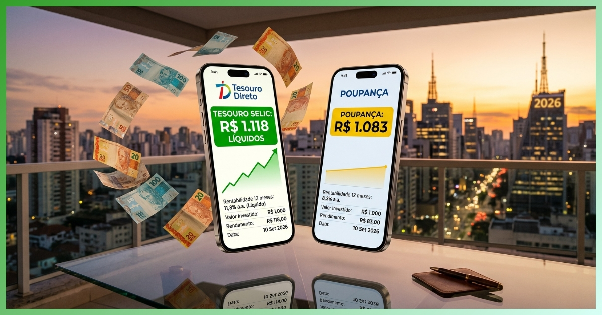 Comparativo visual entre Tesouro Selic e poupança em 2026, mostrando dois celulares com gráficos de rendimento de R$ 1.000: o Tesouro Selic exibe R$ 1.118 líquidos e a poupança exibe R$ 1.083, com o skyline de uma cidade brasileira ao fundo.