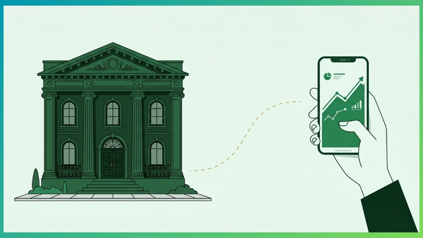 Ilustração editorial de um banco clássico verde escuro conectado por uma linha dourada a um smartphone exibindo um gráfico financeiro em ascensão.